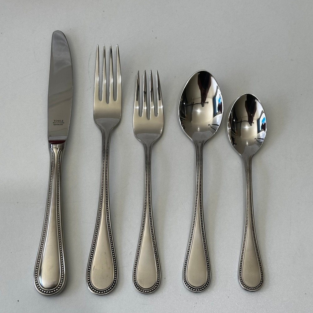 Towle Beaded Antique 5 Piece Flatware Set 18/8 Stainless Germany Silverware